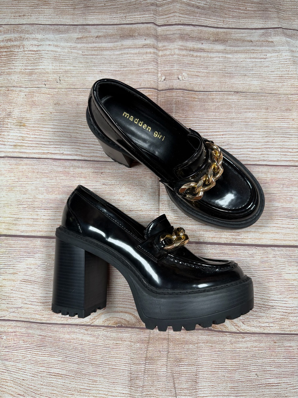 Madden Girl Black Patent Chunky Heel Loafers with Gold Chain